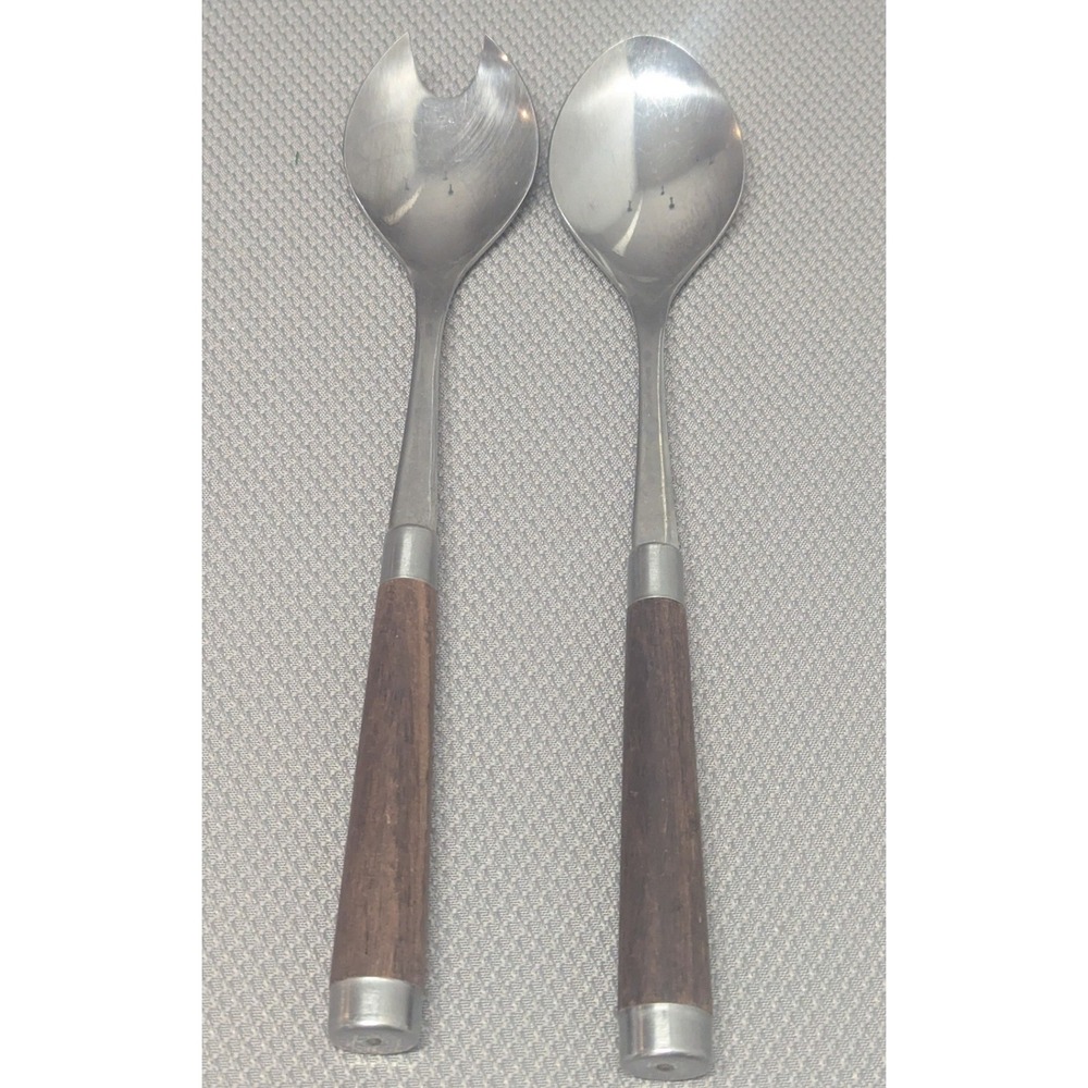 Vintage MCM Salad Serving Set Stainless Steel Japan Wood Handles Minimalist